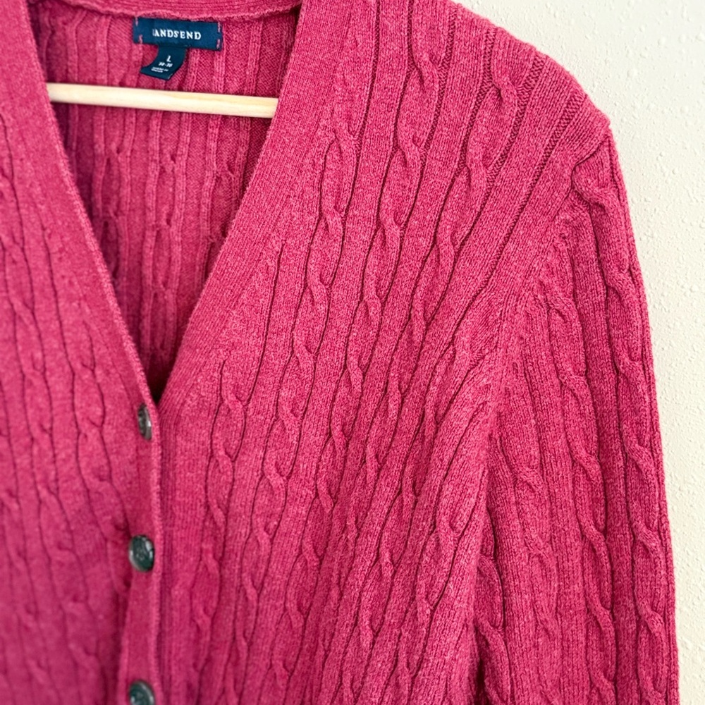 Lands’ End Cable Knit Cardigan Sweater Pink Cotton Button Front - Picture 4 of 8